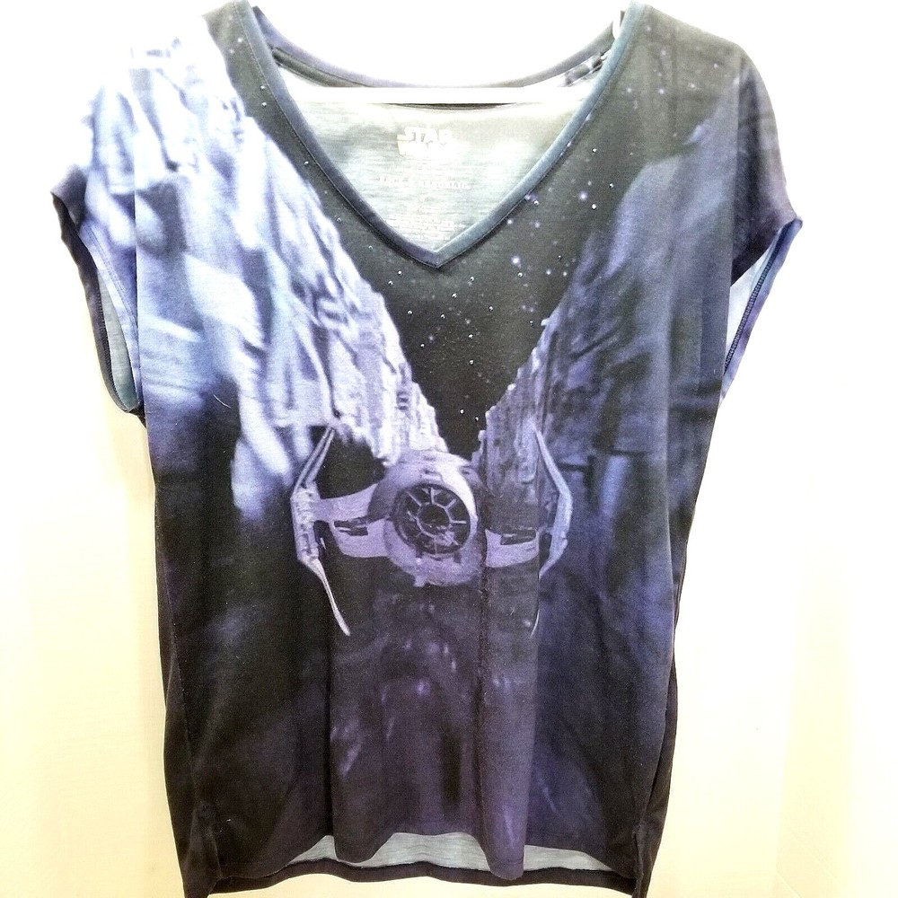 Rock & Republic Women Star Wars Top Blue Size Small T-Shirt Graphic Tie Fighter